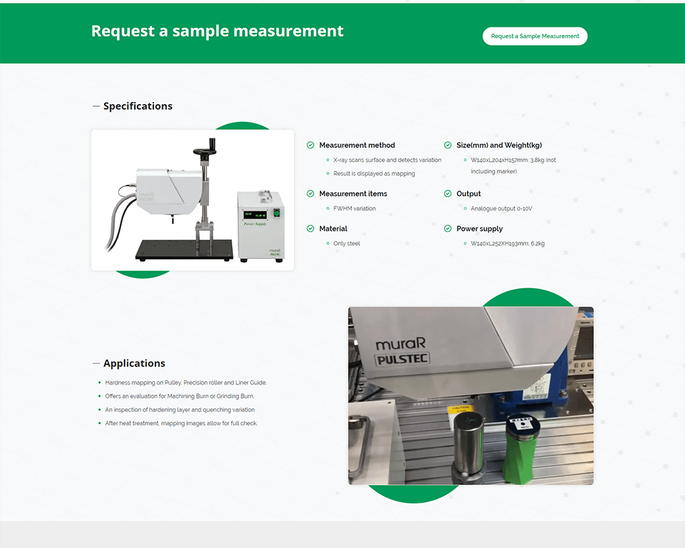 Screenshot of Pulstec USA - Surface Hardness Variation Scanner page