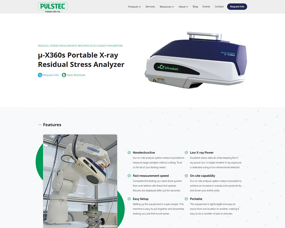 Screenshot of Pulstec USA - XRD Residual Stress Analyzer page