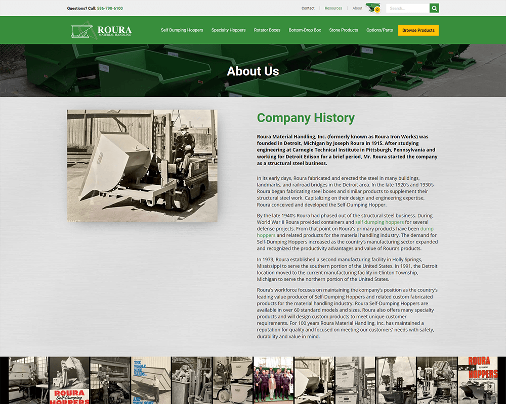 Screenshot of Roura Material Handling - About Us page