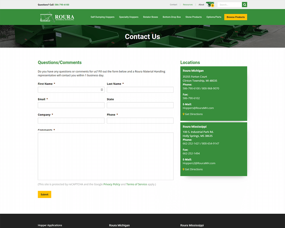 Screenshot of Roura Material Handling - Contact Us page