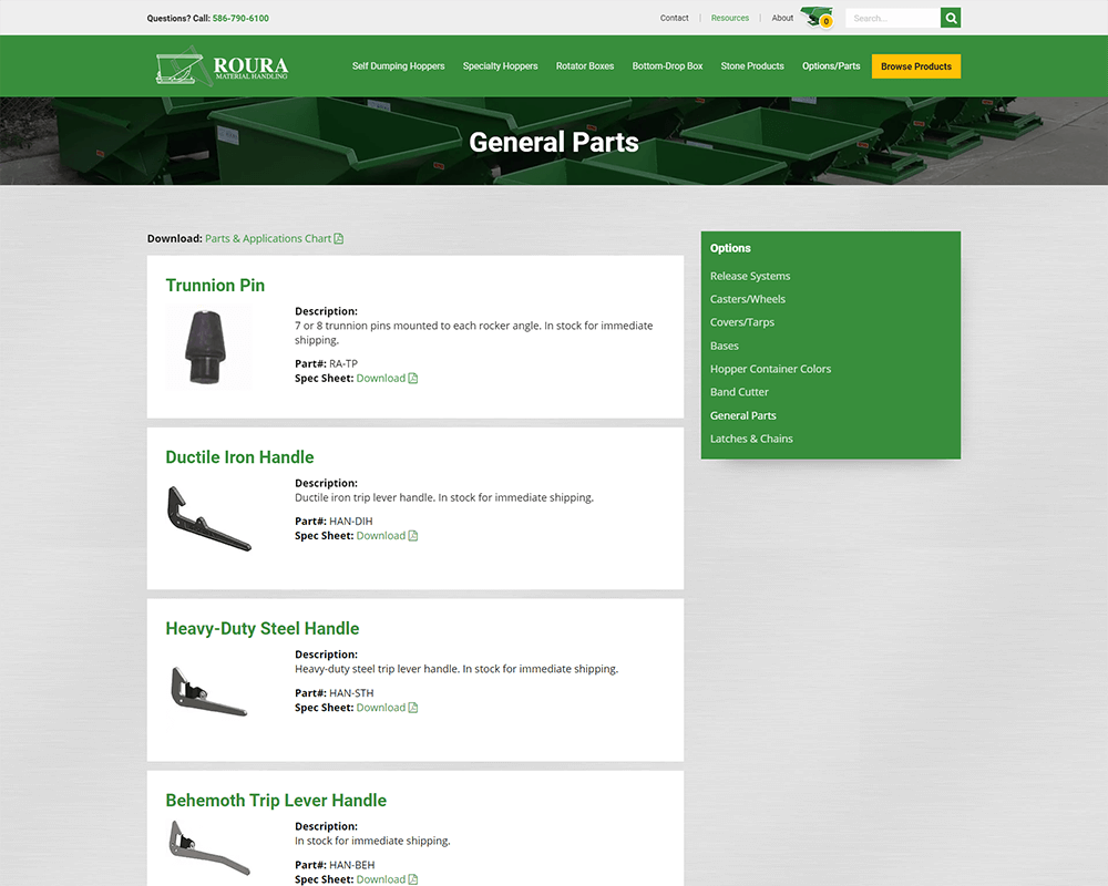 Screenshot of Roura Material Handling - General Parts page