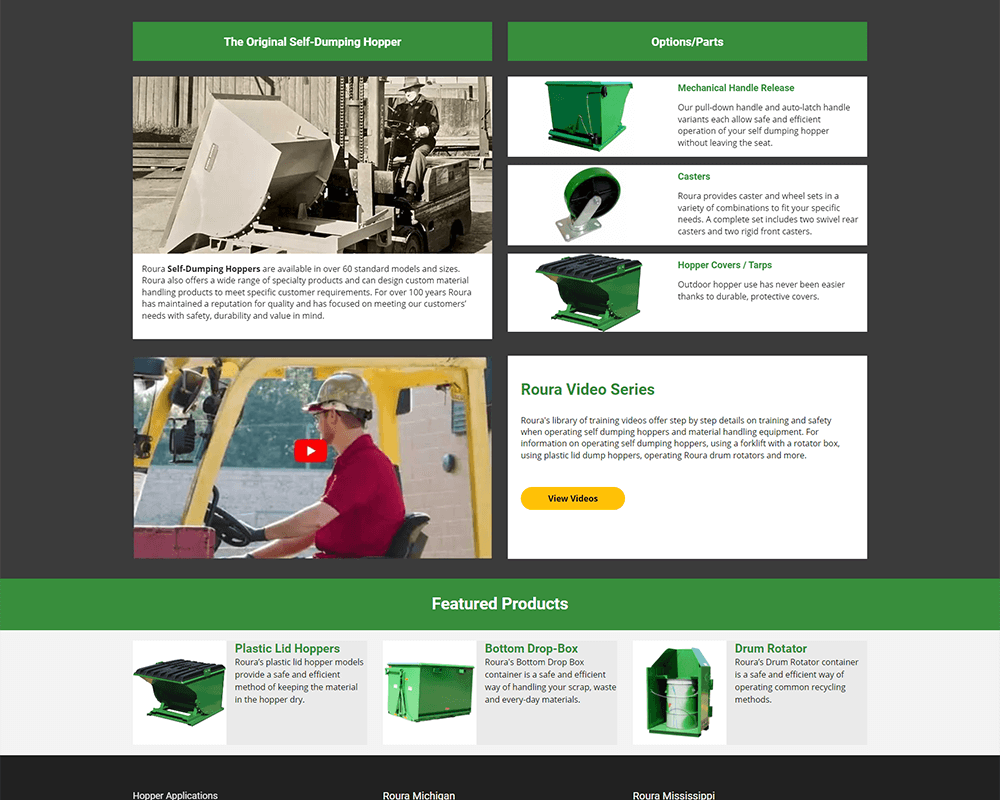 Screenshot of Roura Material Handling - Video Series and Featured Products sections