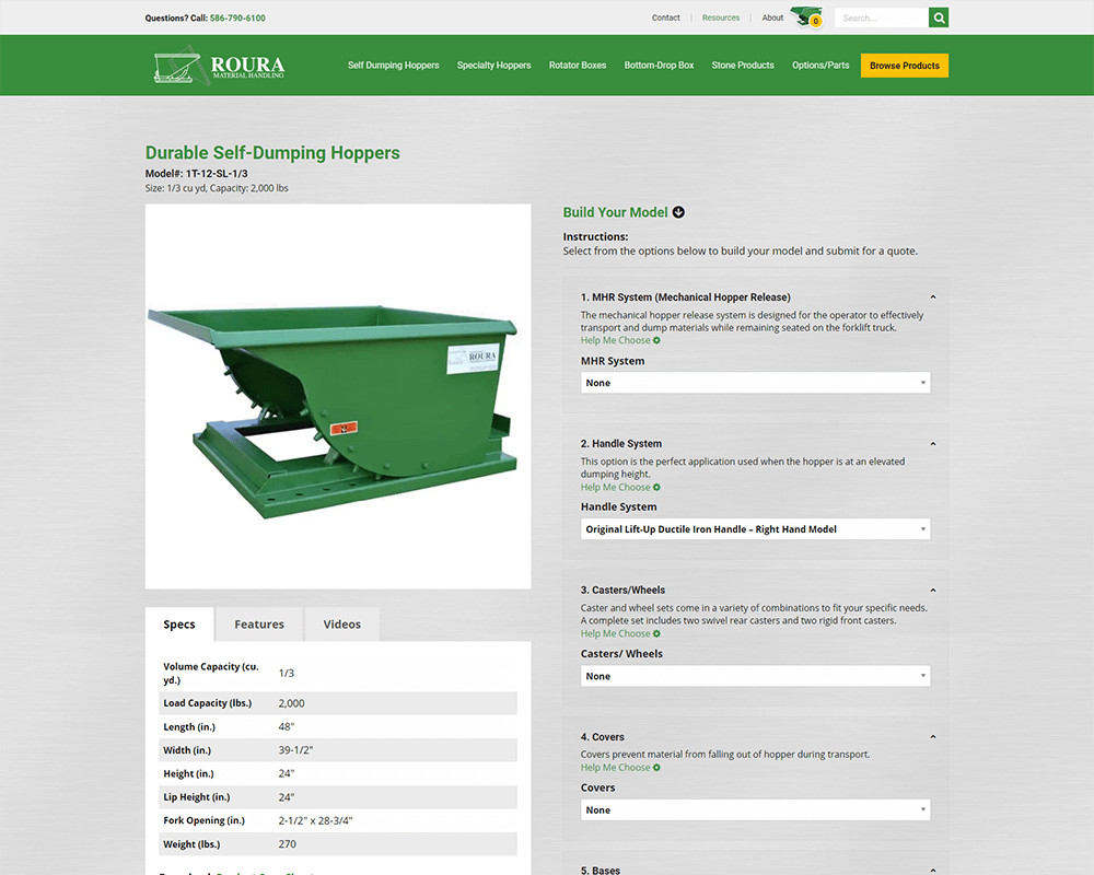 Screenshot of Roura Material Handling - Product page