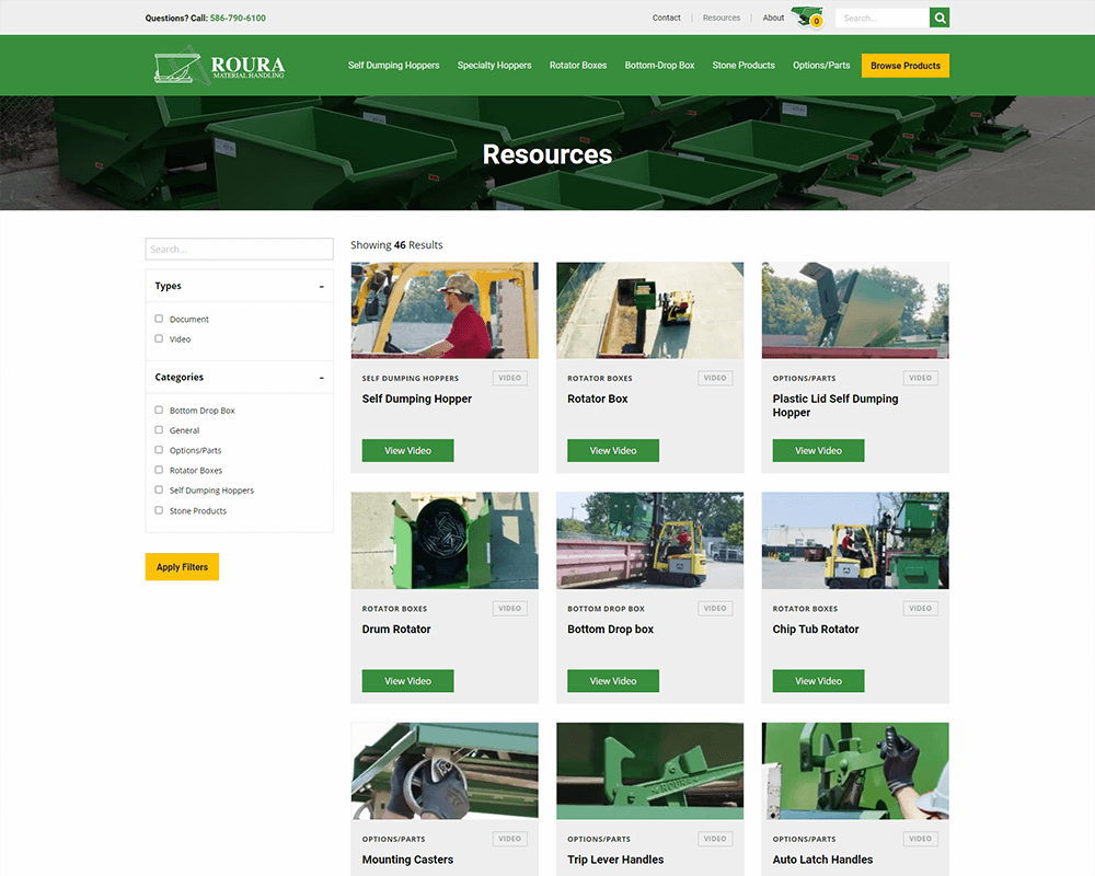 Screenshot of Roura Material Handling - Resources page