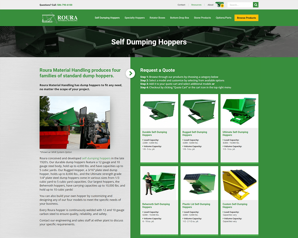 Screenshot of Roura Material Handling - Self Dumping Hoppers page