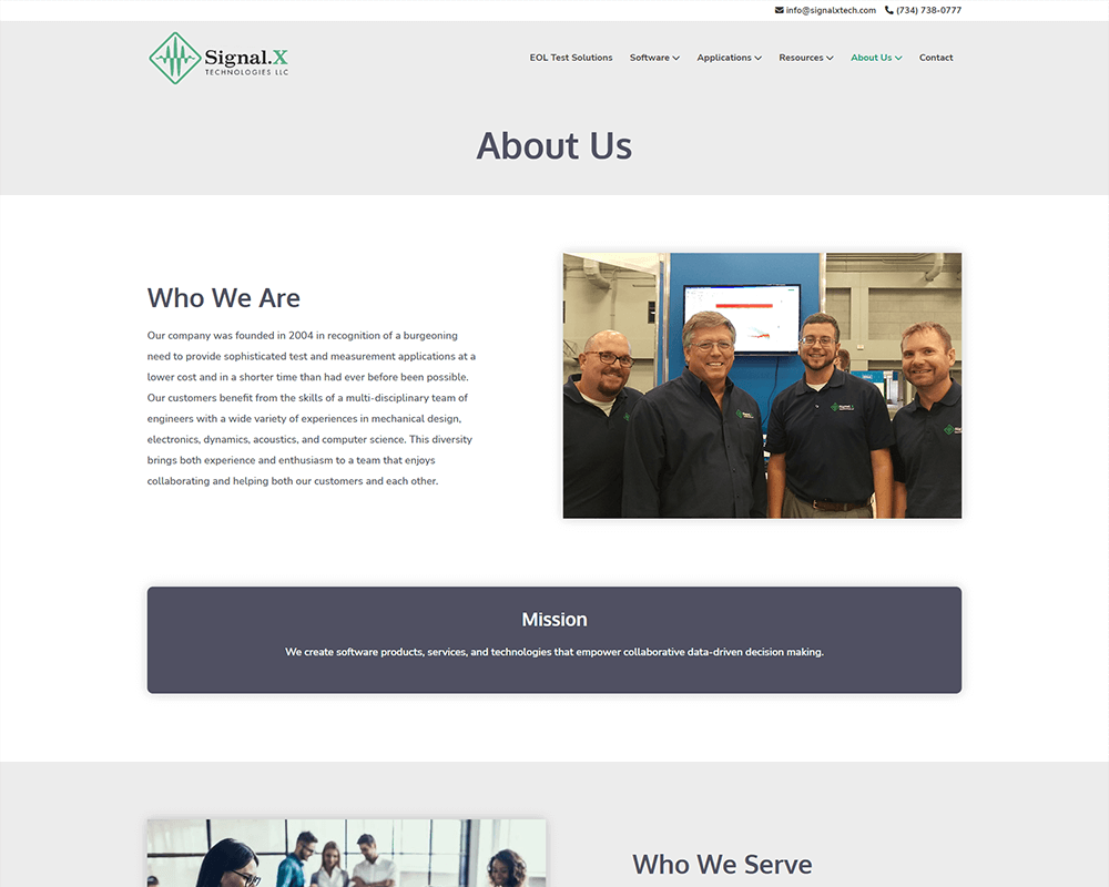 Screenshot of Signal.X Technologies LLC - About Us page