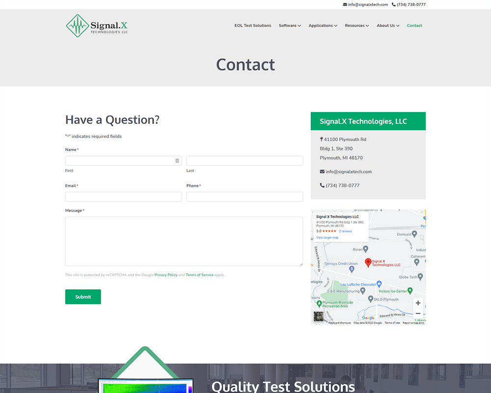 Screenshot of Signal.X Technologies LLC - Contact page