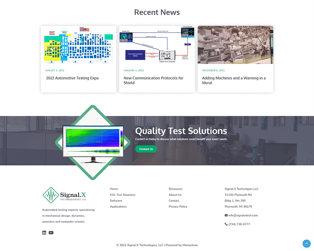 Screenshot of Signal.X Technologies LLC - Recent News and CTA section