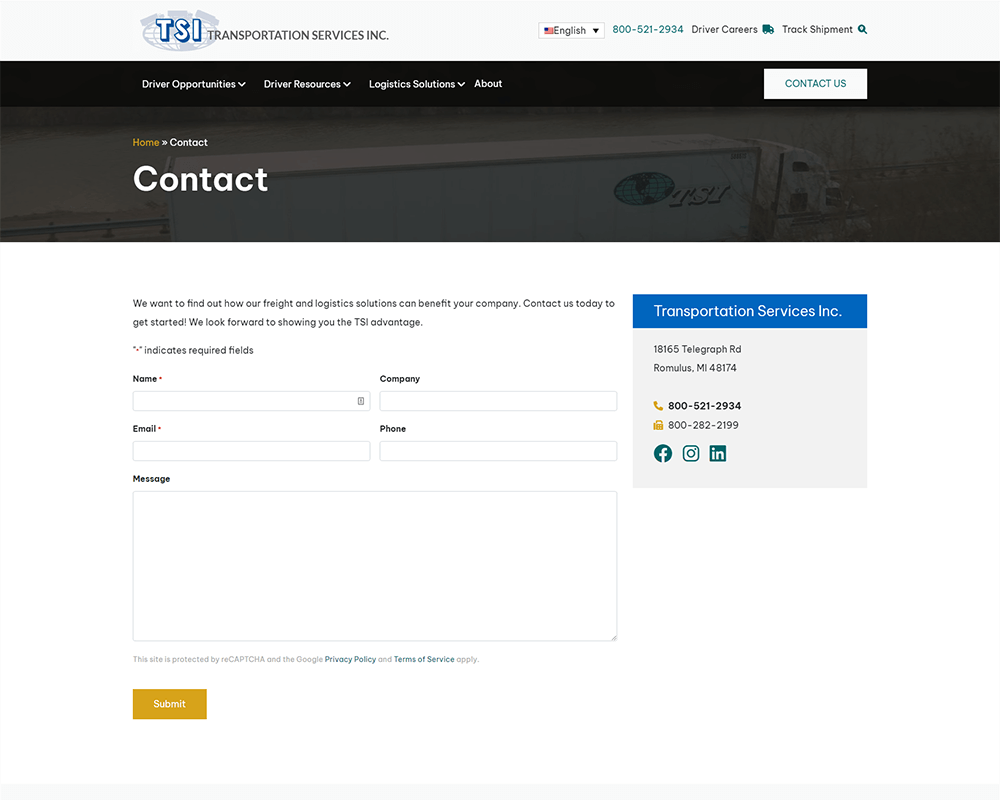 Screenshot of TSI - Contact page