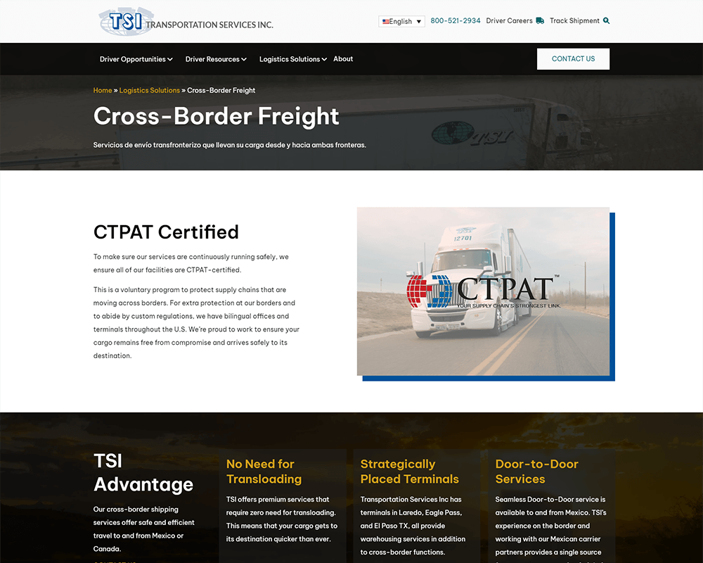 Screenshot of TSI - Cross-Border Freight page