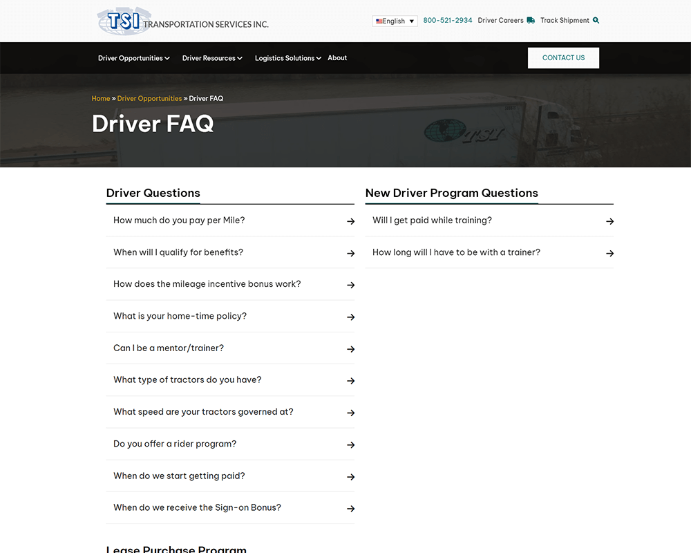 Screenshot of TSI - Driver FAQ page
