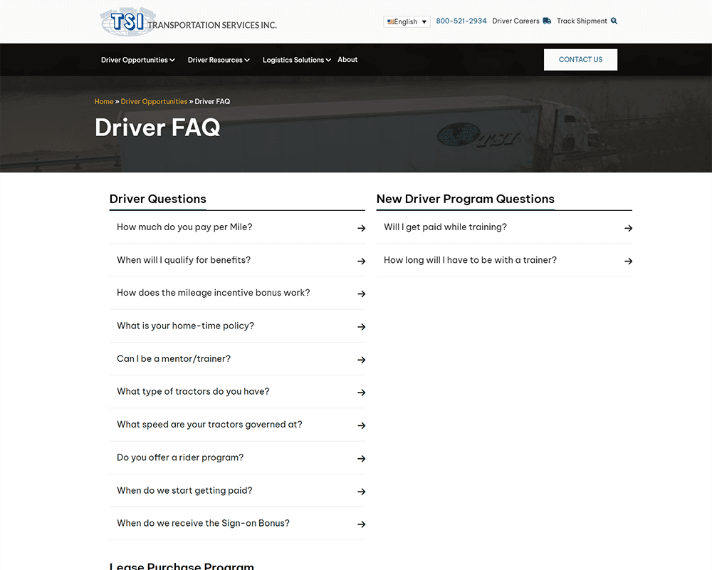 Screenshot of TSI - Driver FAQ page
