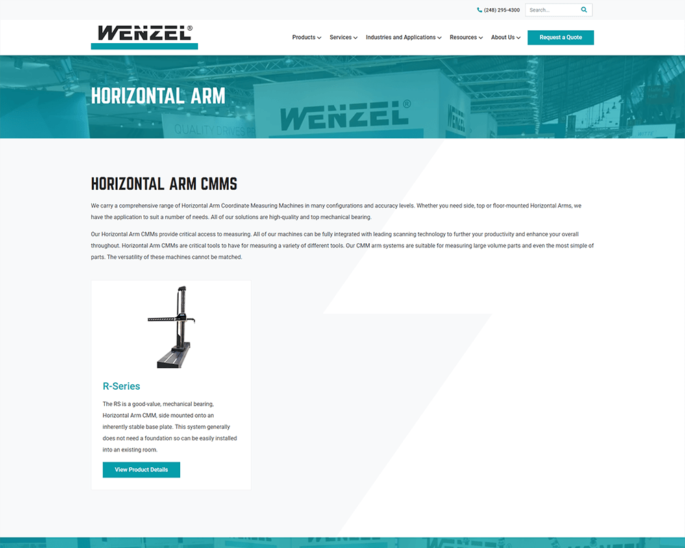 Screenshot of Wenzel America - Horizontal Arm CMM page