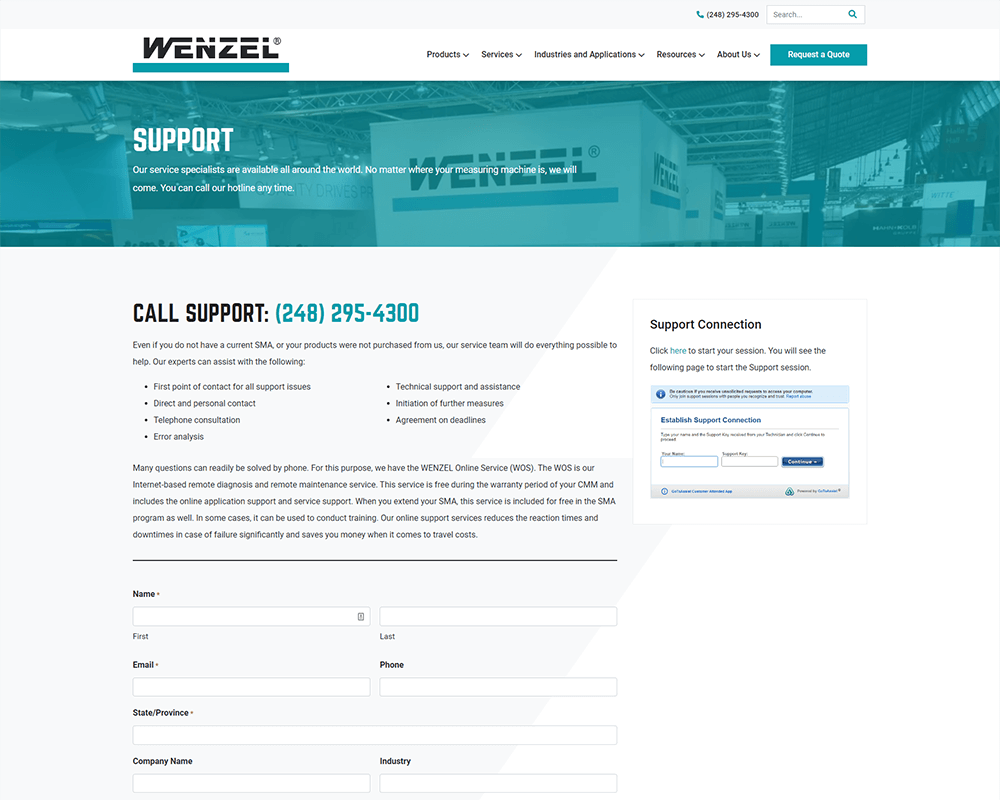 Screenshot of Wenzel America - Support page