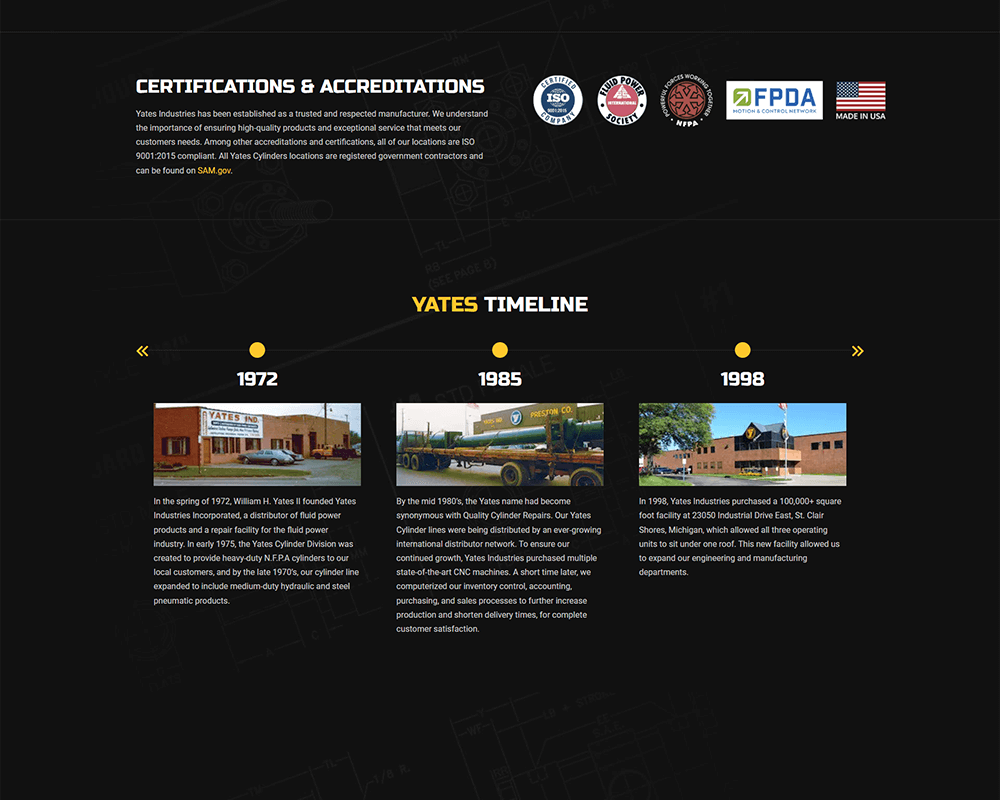 Screenshot of Yates Industries - Certifications & Accreditations and Timeline sections