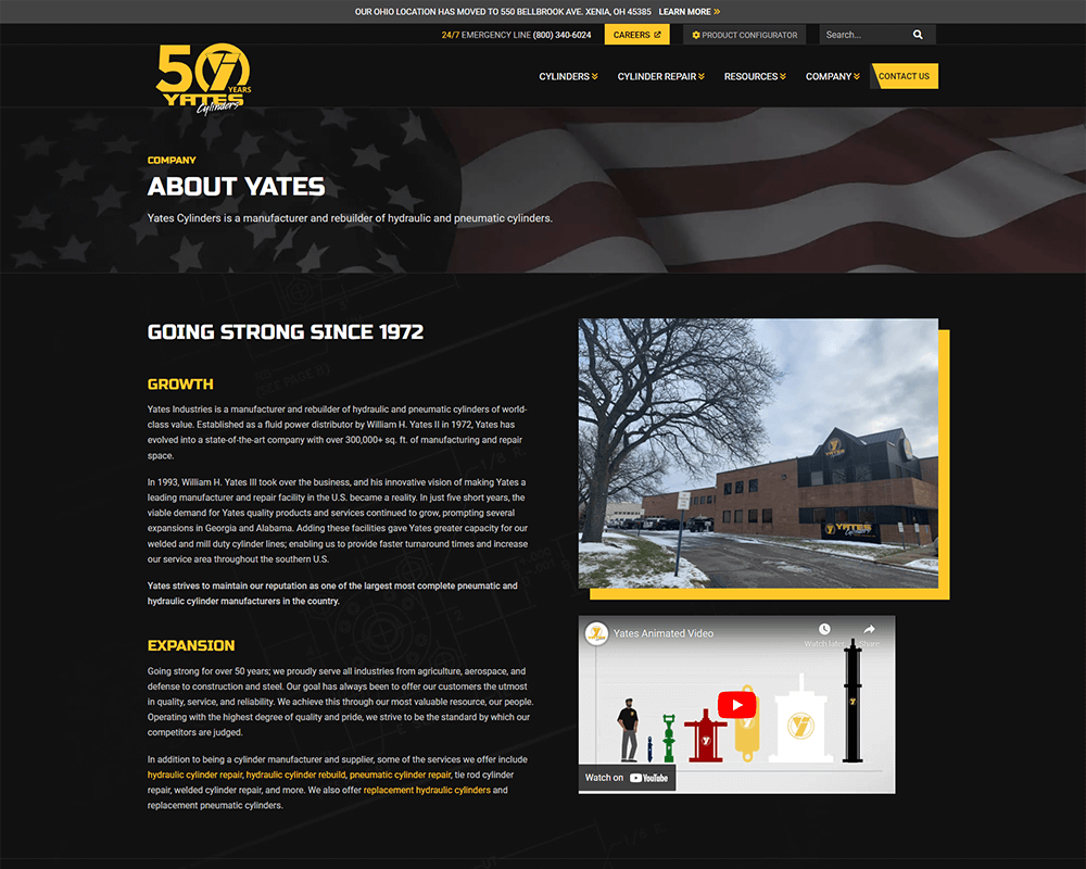 Screenshot of Yates Industries - About Yates page