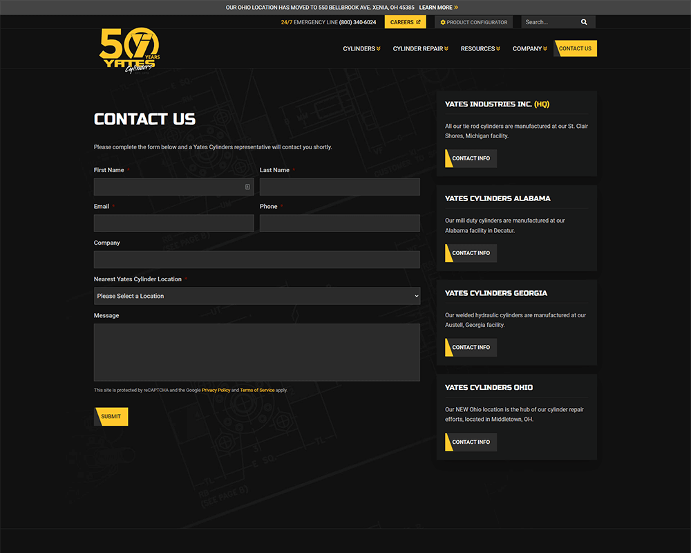Screenshot of Yates Industries - Contact Us page