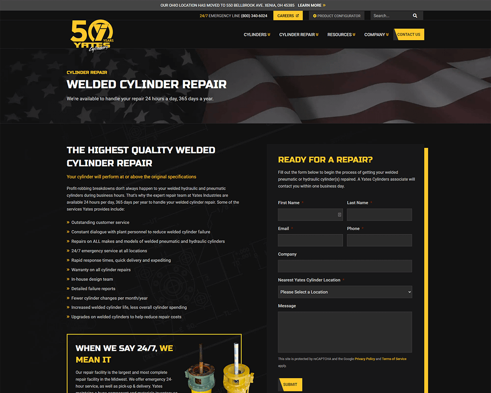 Screenshot of Yates Industries - Cylinder Repair page