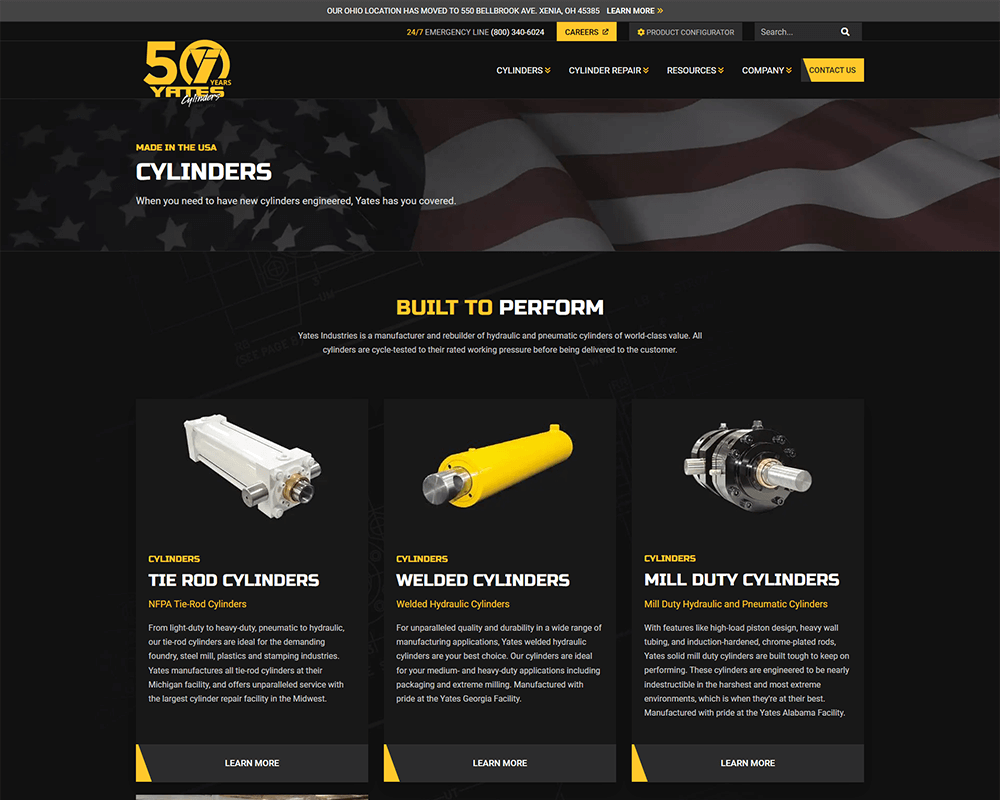 Screenshot of Yates Industries - Cylinders page