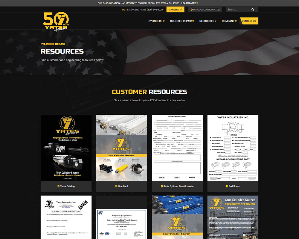 Screenshot of Yates Industries - Resources page