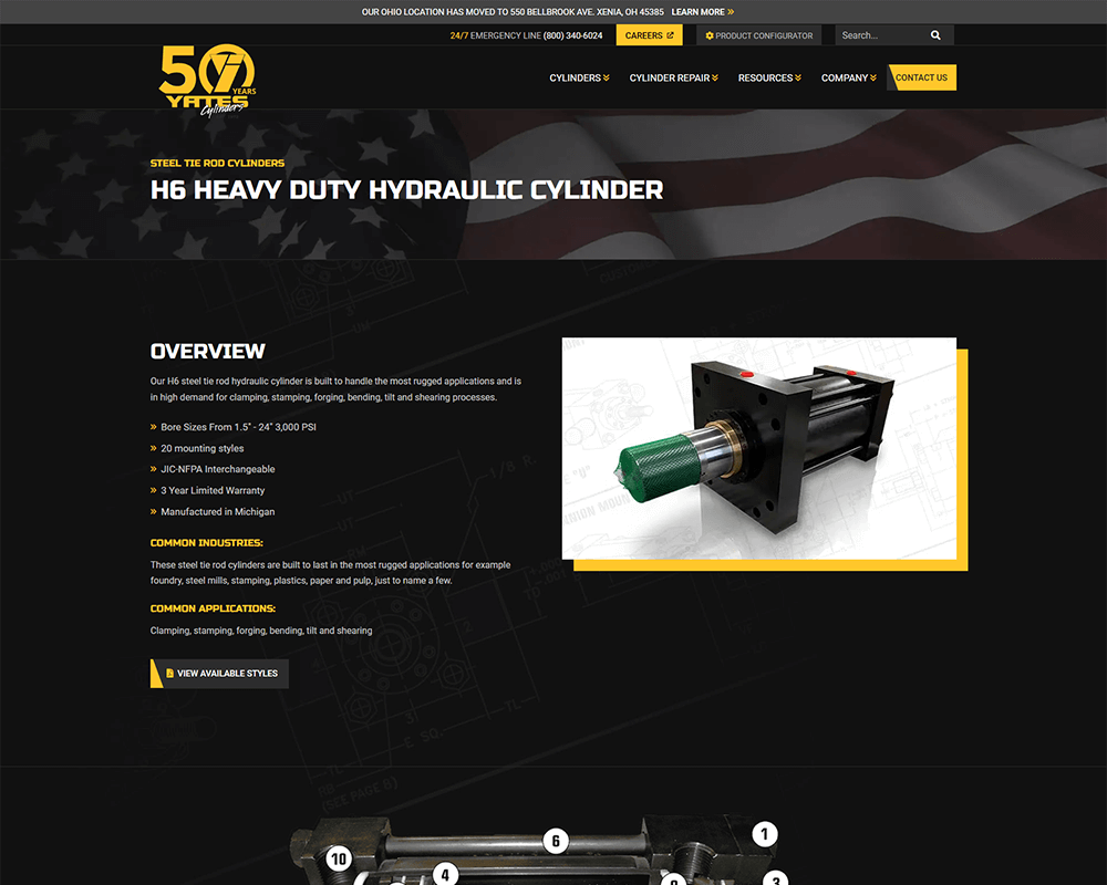 Screenshot of Yates Industries - Cylinder page