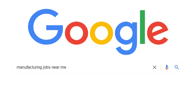 Google logo with search bar that says "manufacturing jobs near me"