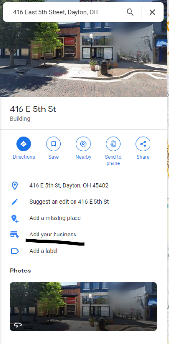 Screenshot of the Add your business option after searching for an address in Google Maps