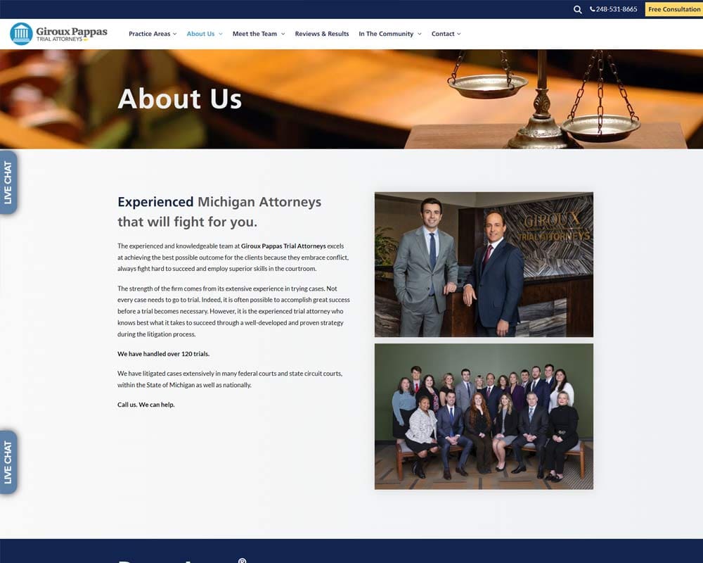 Michigan law firm webpage highlighting experienced trial attorneys and team photo offering legal services.