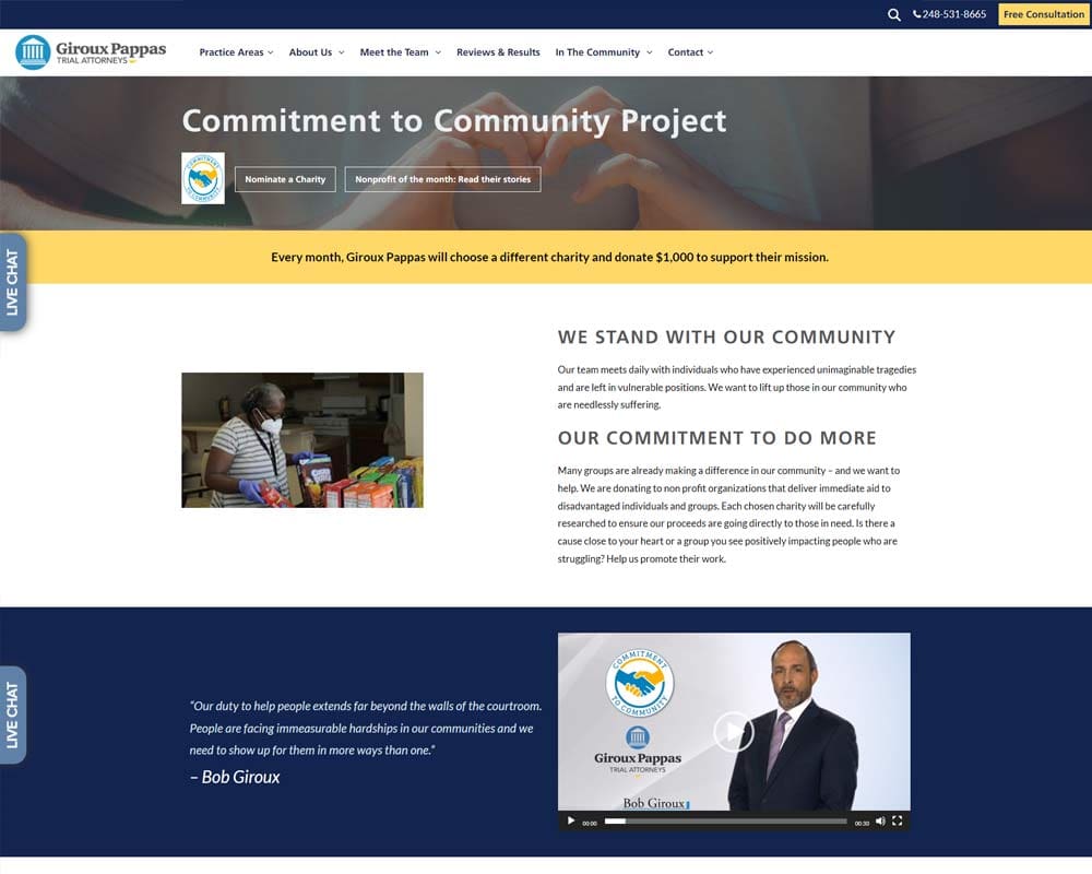 Giroux Pappas community project webpage highlighting charity support and community involvement.