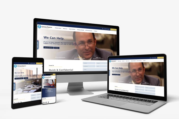 Responsive law firm website on phone, tablet, laptop, and desktop screens.