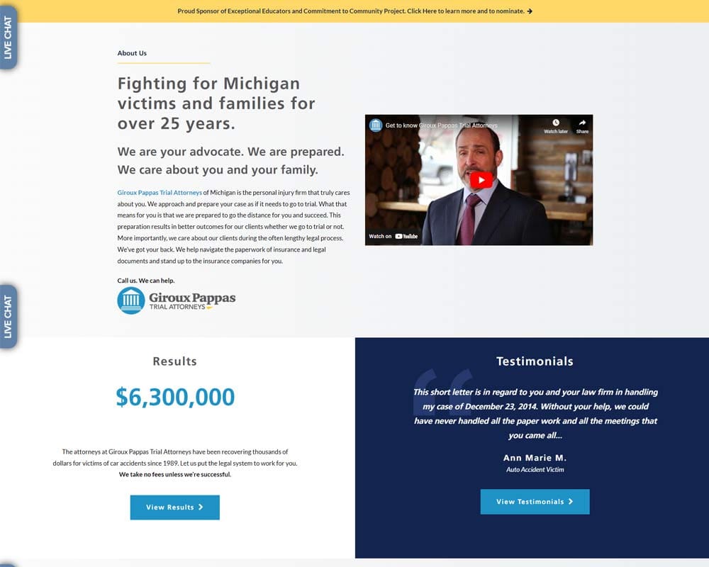 Giroux Pappas Trial Attorneys website section highlighting advocacy, $6.3 million results, client testimonials, and video.
