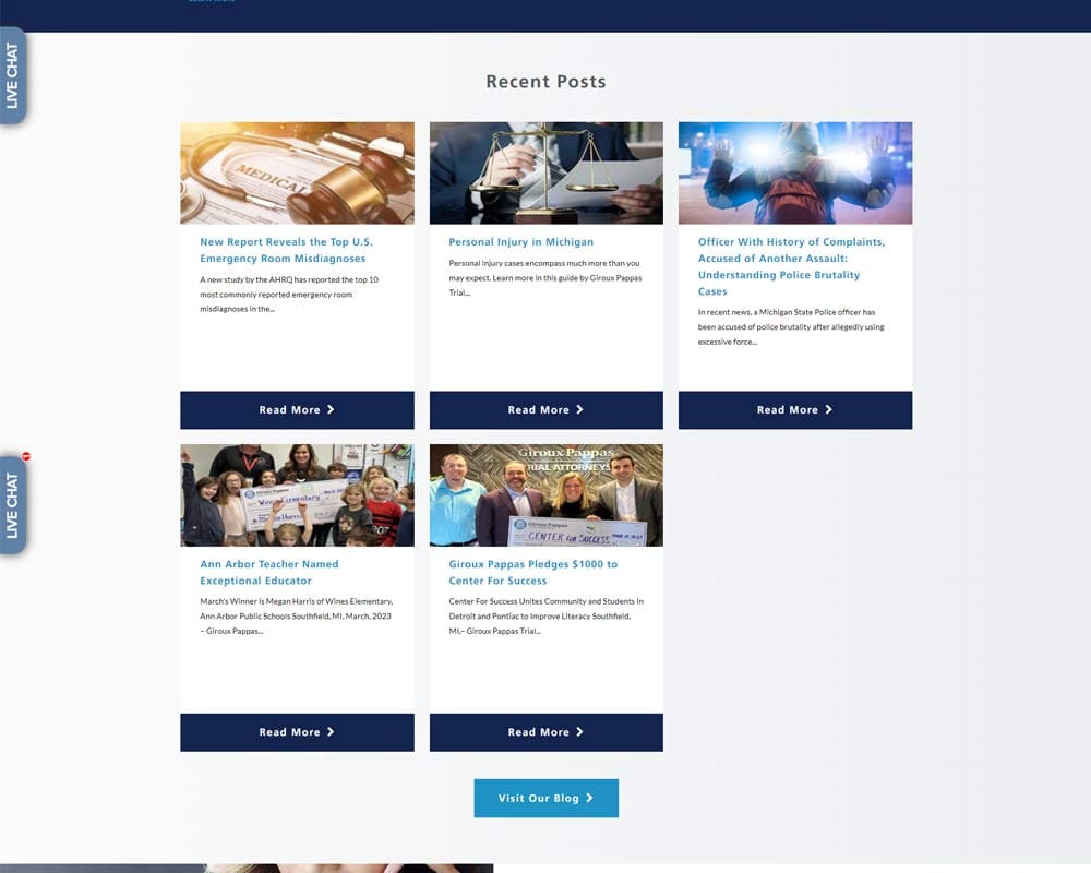 Website recent posts about emergency misdiagnoses, personal injury, police brutality, teacher recognition, charity pledge.