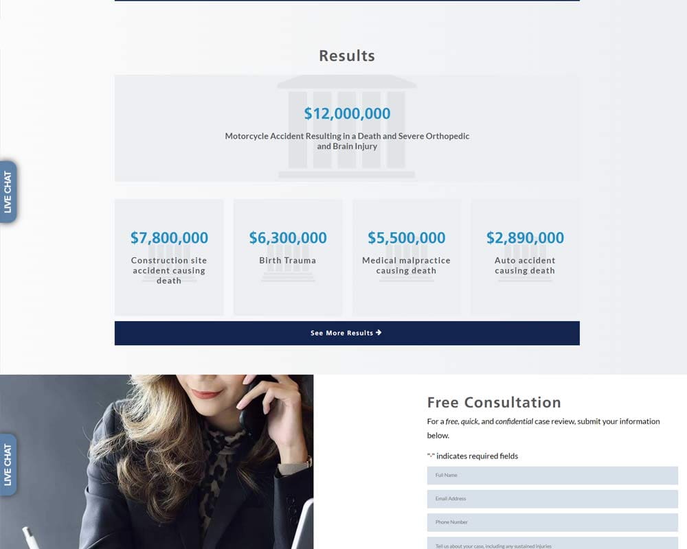 Legal results page showing multi-million dollar settlements for personal injury cases with free consultation offer.