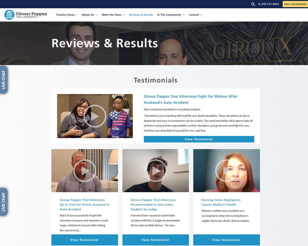 Giroux Pappas Trial Attorneys reviews and testimonials page with client video testimonials and case summaries.