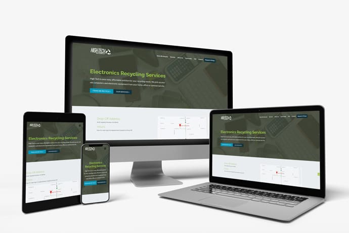 Responsive electronics recycling service website displayed on phone, tablet, laptop, and desktop screens.
