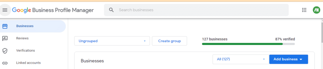 A screenshot of Momentum's Google Business Profile Manager locations dashboard.