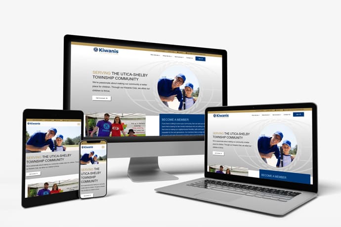 Responsive Kiwanis website displayed on tablet, smartphone, desktop, and laptop screens showcasing community service.