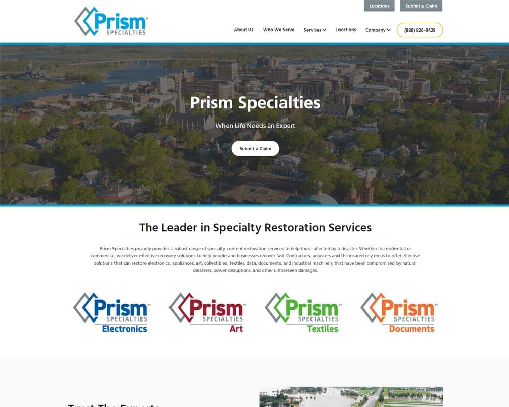 Prism Specialties website homepage highlighting restoration services for electronics, art, textiles, and documents.