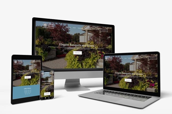 Responsive website design for banquet events displayed on tablet, smartphone, desktop, and laptop screens.