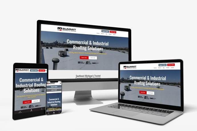 Responsive design display of Summit Roofing Solutions on desktop, tablet, and smartphone screens.