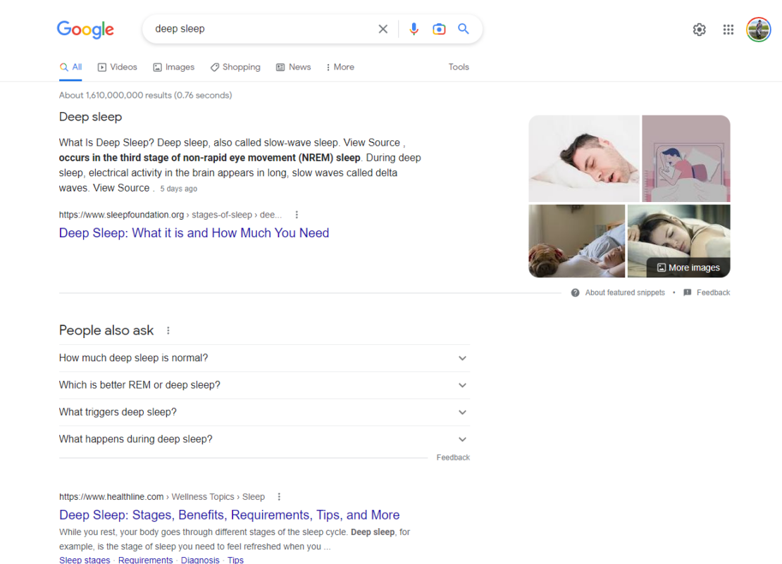 A Google screenshot from February 18, 2023 for the query 'deep sleep'