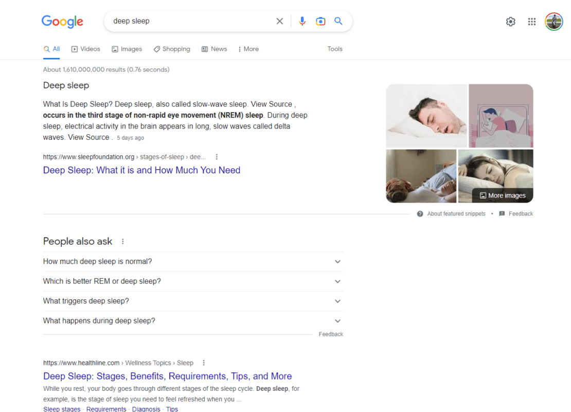 A Google screenshot from February 18, 2023 for the query 'deep sleep'