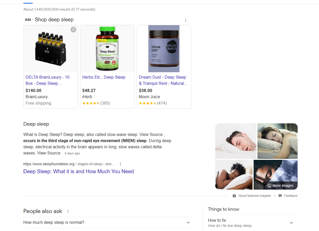 A Google screenshot from February 19, 2023 for the query 'deep sleep.' There are Google ads at the top that appear before the featured snippet.
