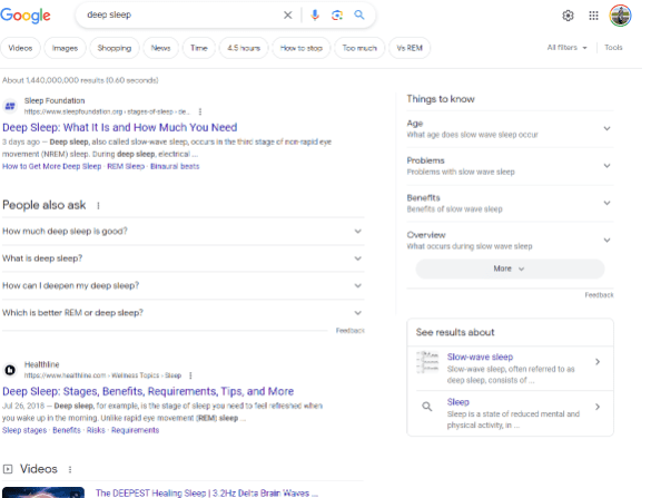 A Google screenshot from May 17, 2023 for the query 'deep sleep'