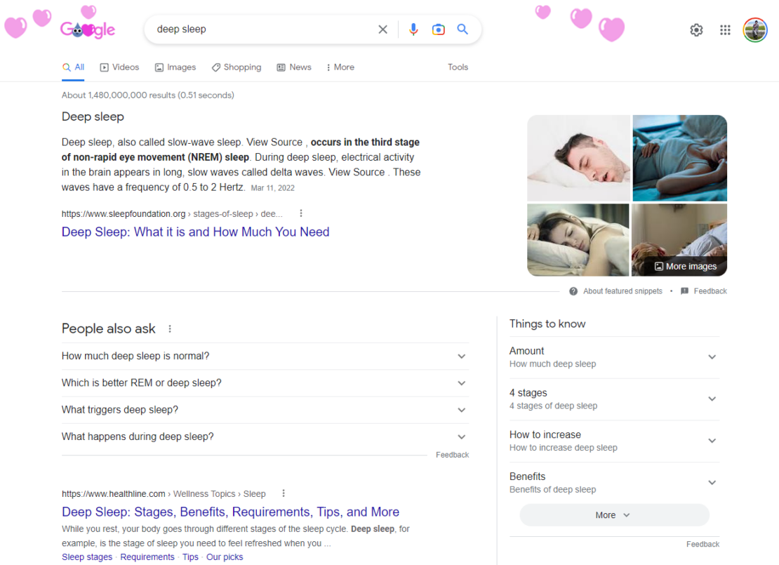 A Google screenshot from February 14, 2023 for the query "deep sleep." The page shows a featured snippet from The Sleep Foundation, an image pack to the right, and a Things to Know widget directly underneath the image pack.