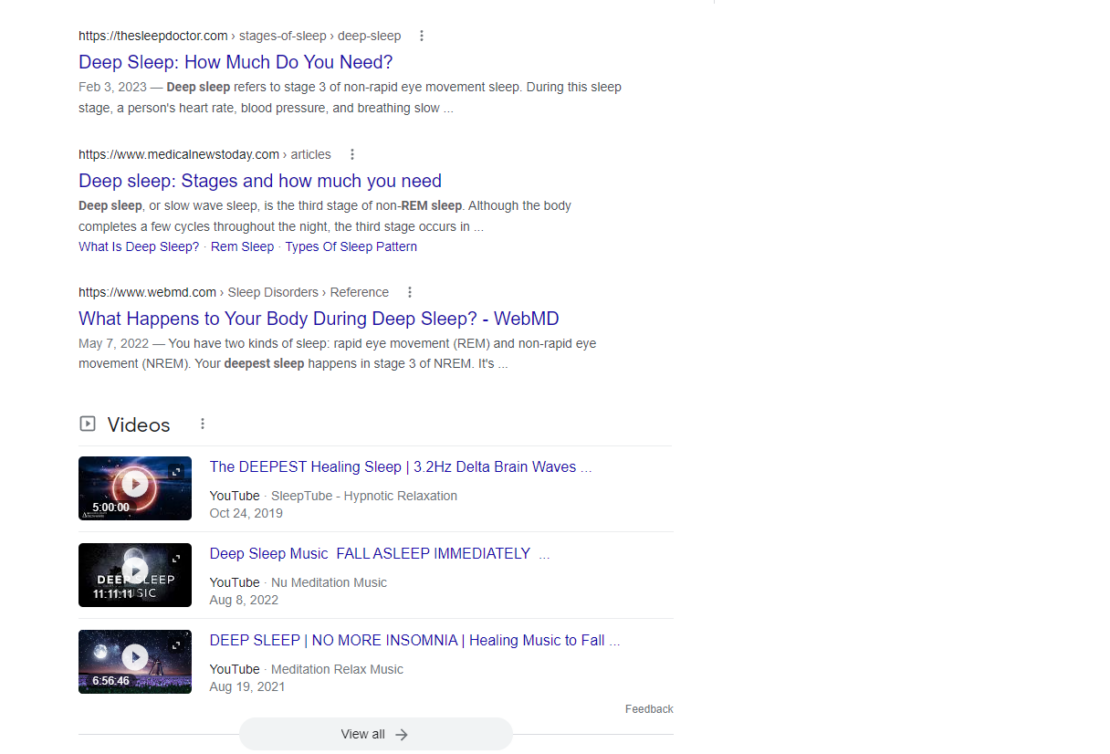 A Google Screenshot from February 16, 2023 for the query 'deep sleep.' The screenshot is further down the page and showcases a YouTube playlist