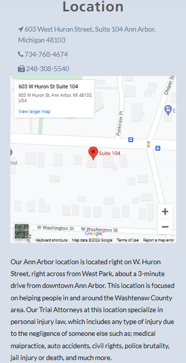 Part of a location page that highlights the business's location, phone numbers, Google Maps, directions to the location, and services offered at the location.