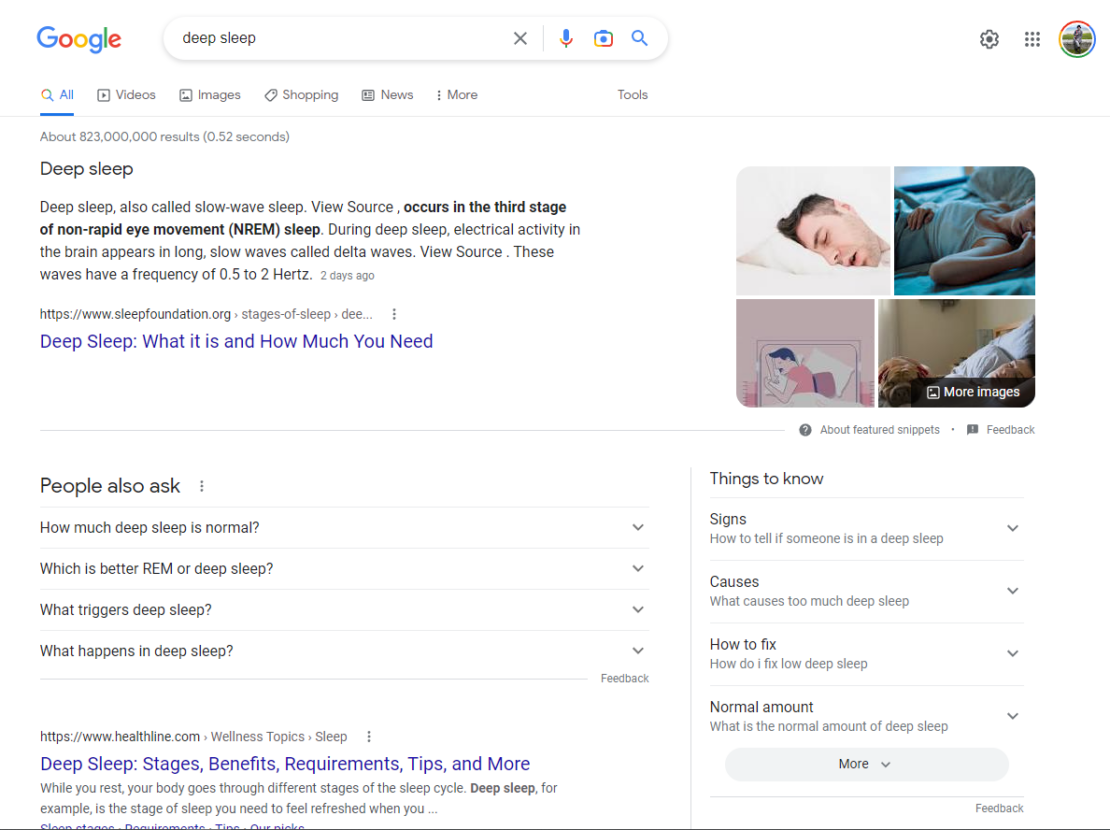 A Google screenshot from February 15, 2023 for the query 'deep sleep.'