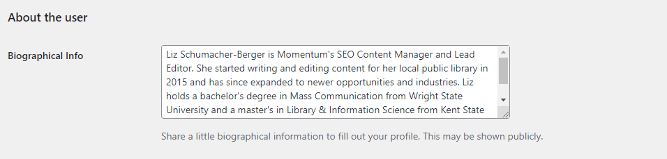 A WordPress screenshot that showcases an example of a user biography