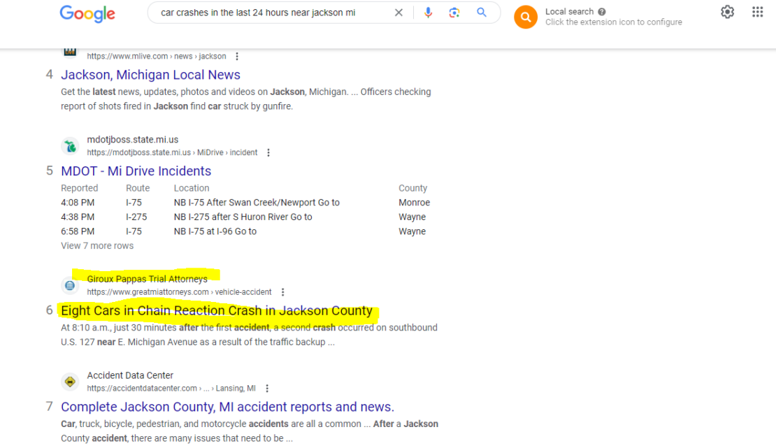 A google screenshot showing Giroux Pappas Trial Attorneys ranking #6 in the search engine results page for the phrase "car crashes in the last 24 hours near jackson mi"